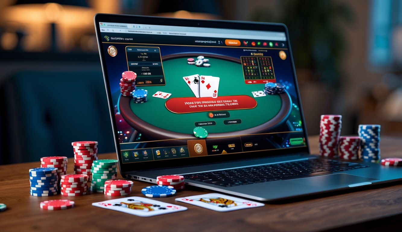Seorang pemain sedang bermain poker Texas Hold'em online dengan laptop dan chip poker di atas meja kayu.
