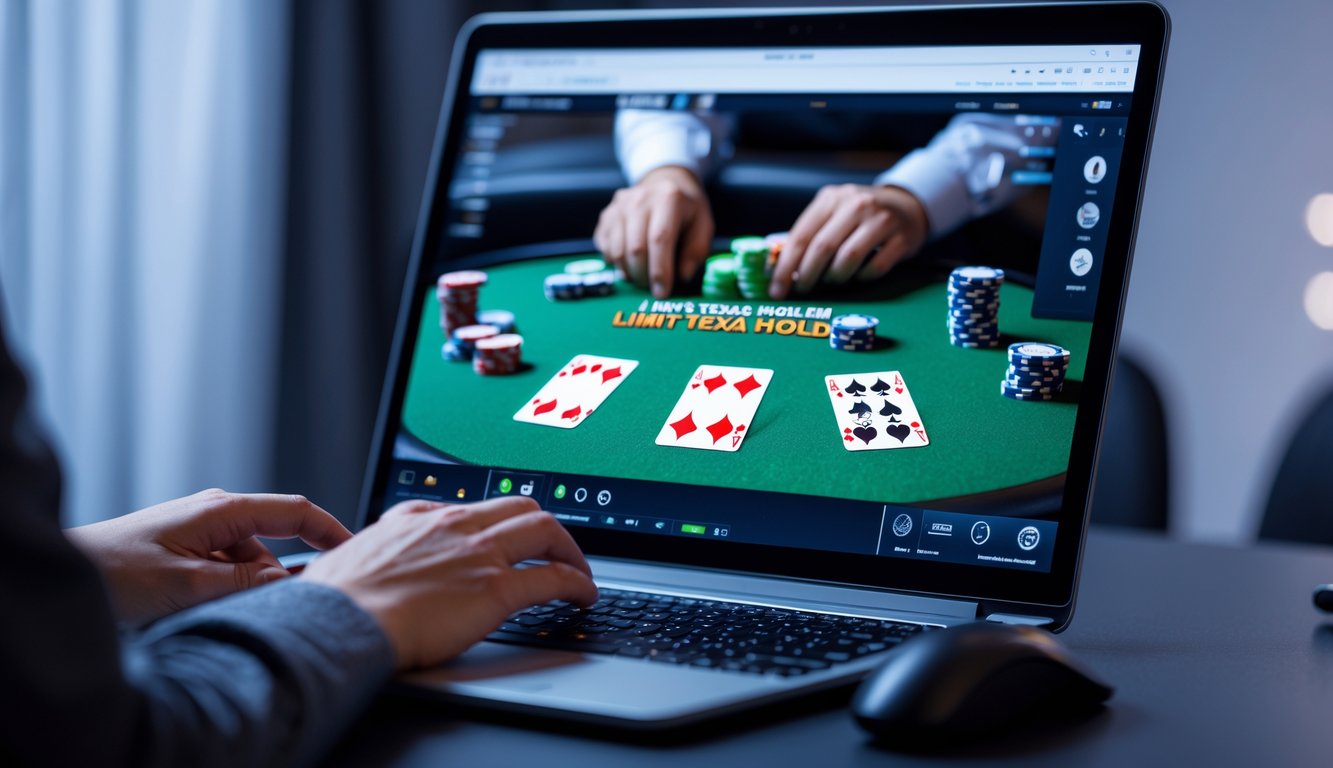 Seseorang sedang bermain poker online Limit Texas Hold'em di depan komputer dengan kartu dan chip poker terlihat di layar.