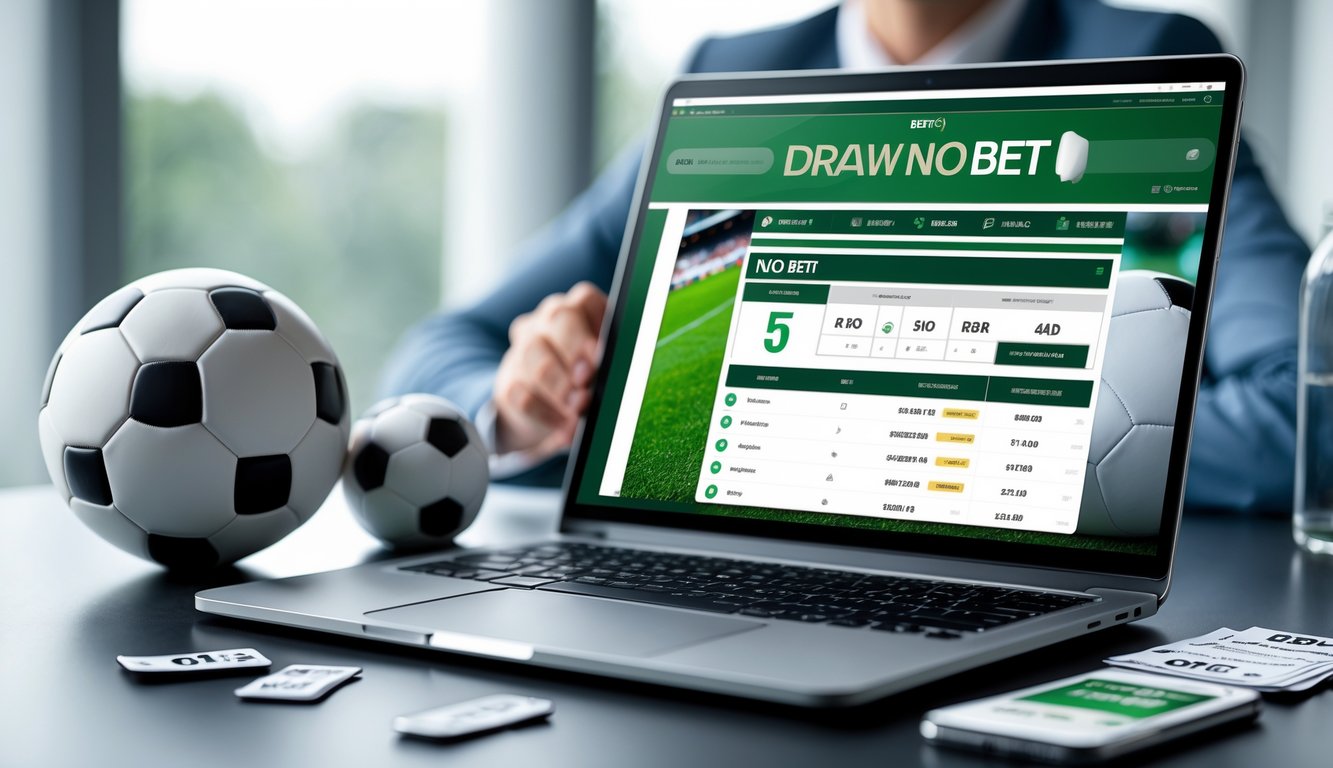 Seorang pria menggunakan laptop di meja kerja dengan layar menampilkan situs taruhan sepak bola online, di sekitar meja terdapat bola sepak dan ponsel dengan aplikasi taruhan terbuka.