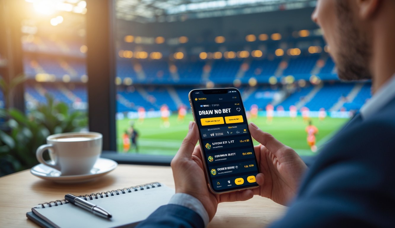 Seseorang memegang ponsel yang menampilkan aplikasi taruhan sepak bola dengan latar belakang stadion sepak bola dan pemain yang sedang bermain.