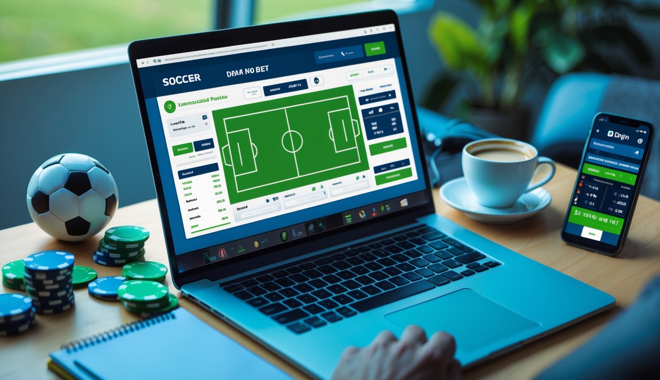 Seorang pria menggunakan laptop di meja dengan bola sepak dan chip taruhan di sekitarnya.