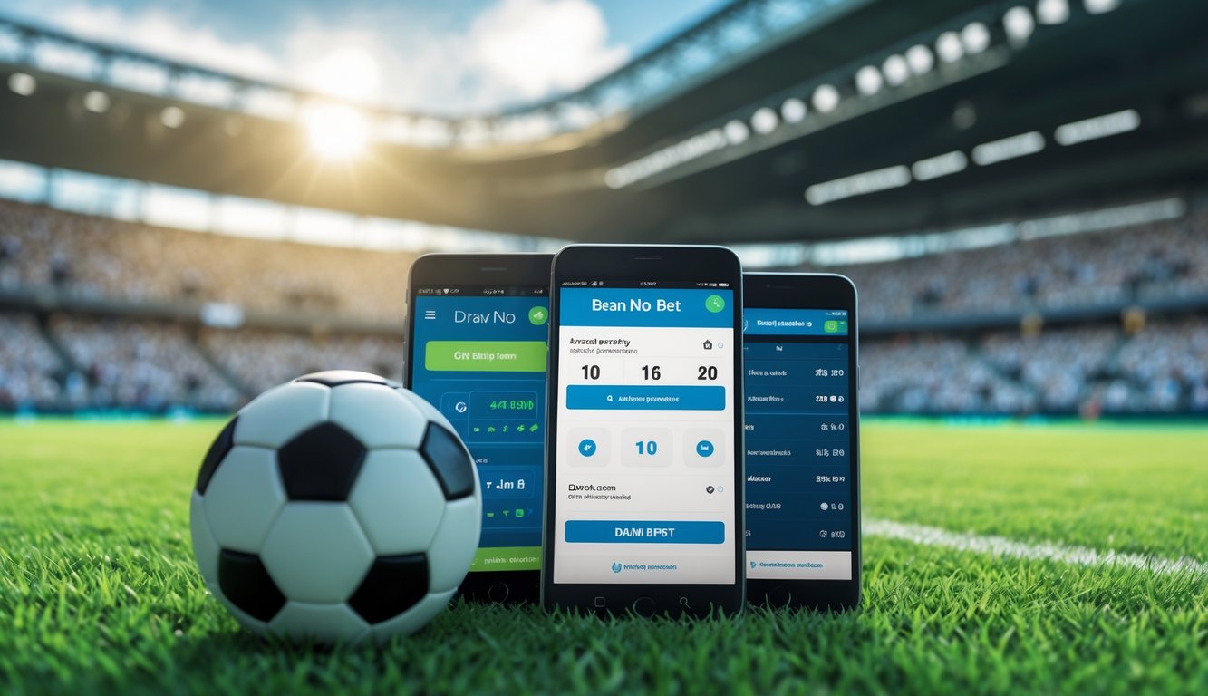 Seseorang menggunakan perangkat digital dengan latar belakang bola sepak dan stadion untuk taruhan olahraga.