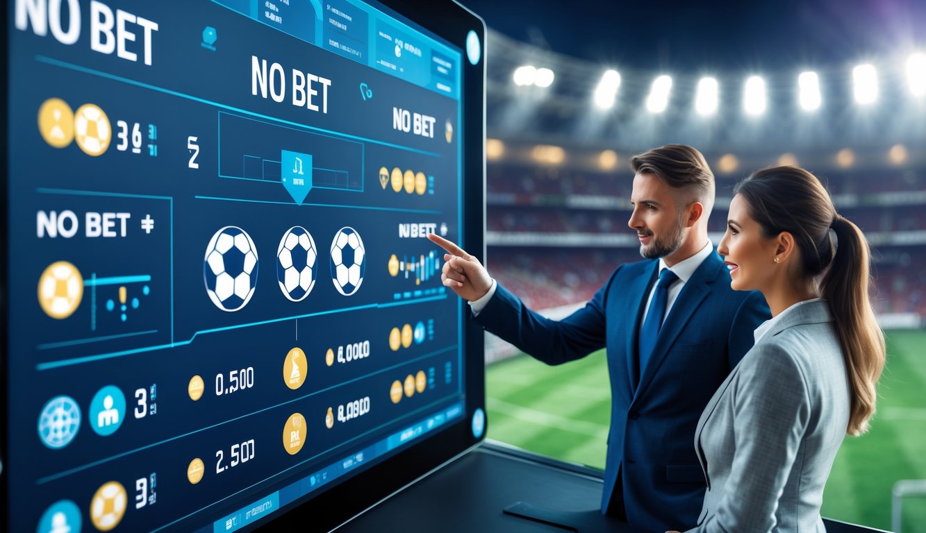 Dua orang sedang berdiskusi di depan layar sentuh besar dengan grafik terkait taruhan sepak bola tanpa teks, dengan latar belakang stadion yang ramai.