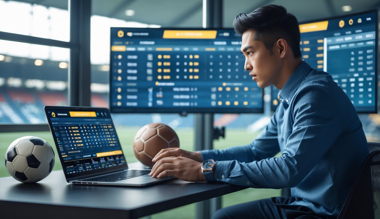Seorang pria muda sedang menganalisis data pertandingan sepak bola di layar digital dalam suasana taruhan olahraga.