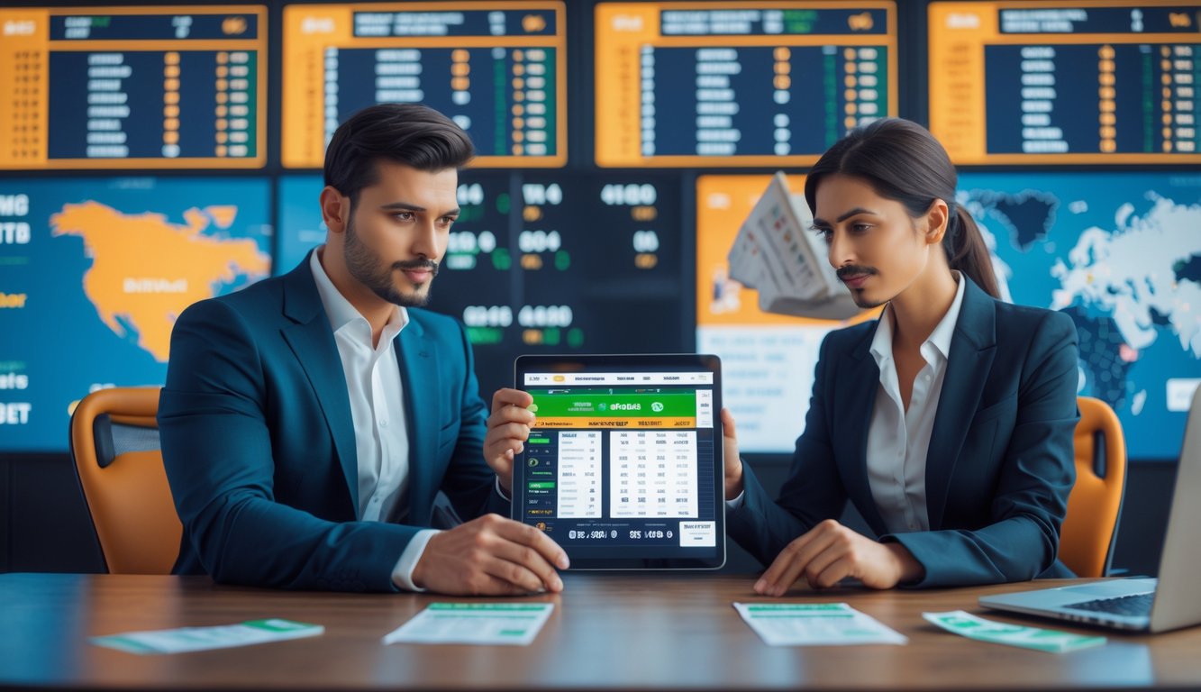 Dua orang profesional sedang berdiskusi di kantor taruhan olahraga dengan layar besar menampilkan statistik pertandingan sepak bola.