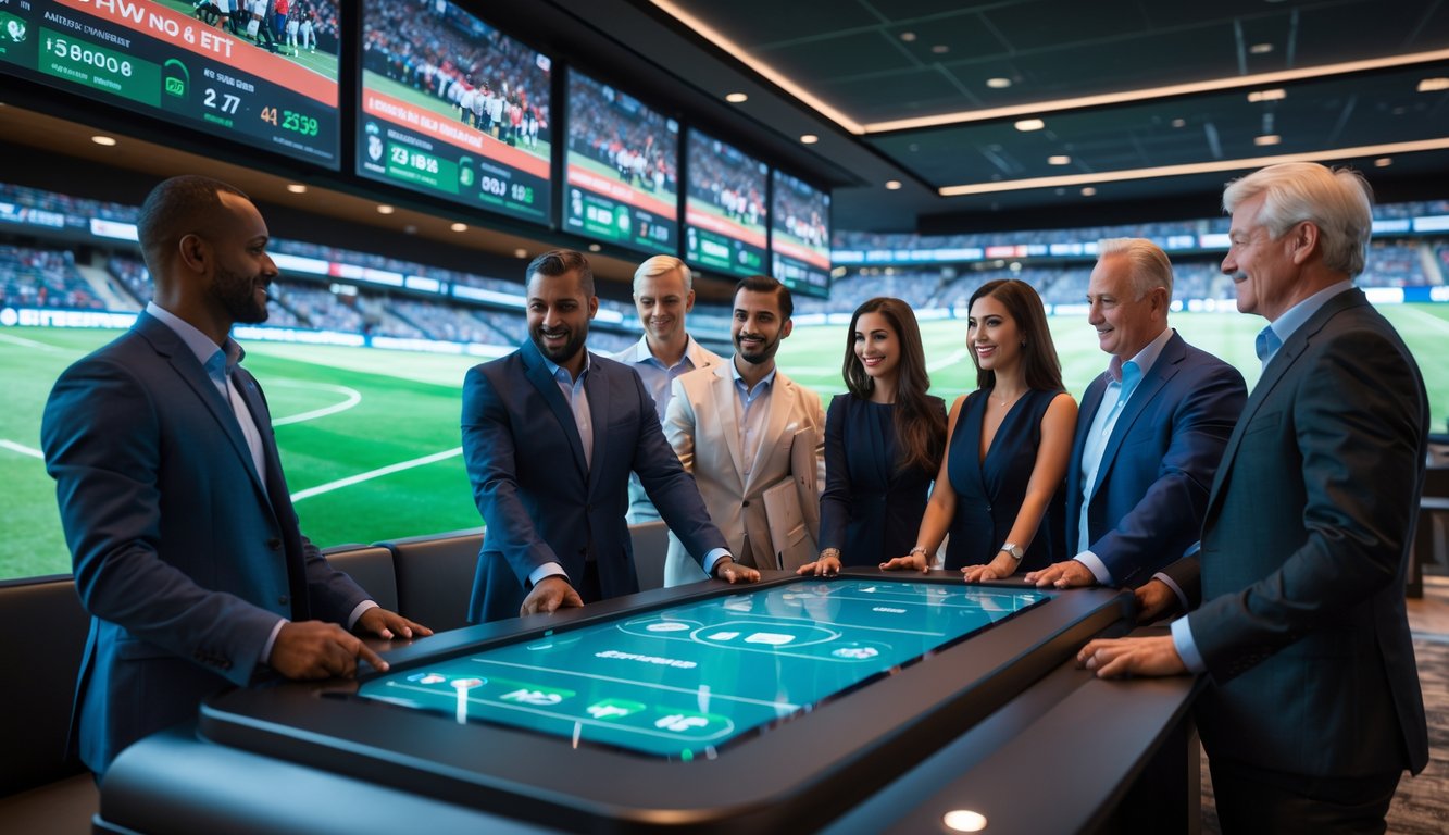 Orang-orang di ruang taruhan olahraga modern sedang melihat layar digital dengan statistik dan peluang pertandingan sepak bola.