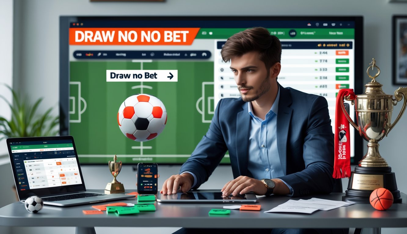 Seorang pria muda duduk di meja dengan perangkat digital yang menampilkan statistik dan peluang taruhan bola, dengan layar besar menampilkan pertandingan sepak bola di latar belakang.