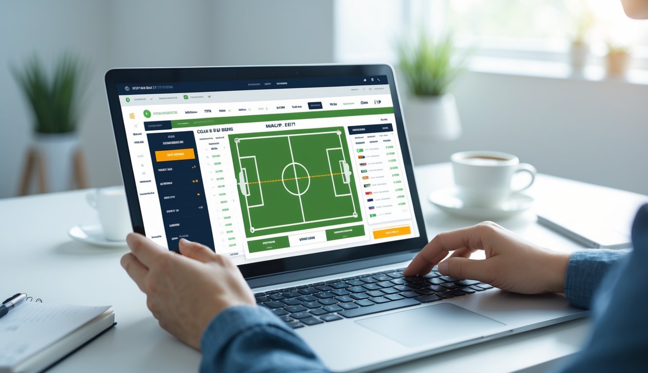 Seseorang menggunakan laptop dengan tampilan layar taruhan sepak bola online tanpa taruhan aktif di meja kerja yang rapi.