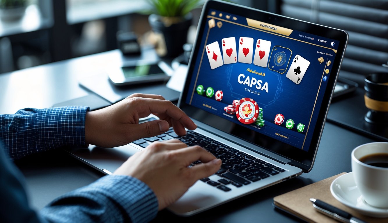 Seseorang menggunakan laptop dengan permainan kartu Capsa online di layar di meja kerja modern.