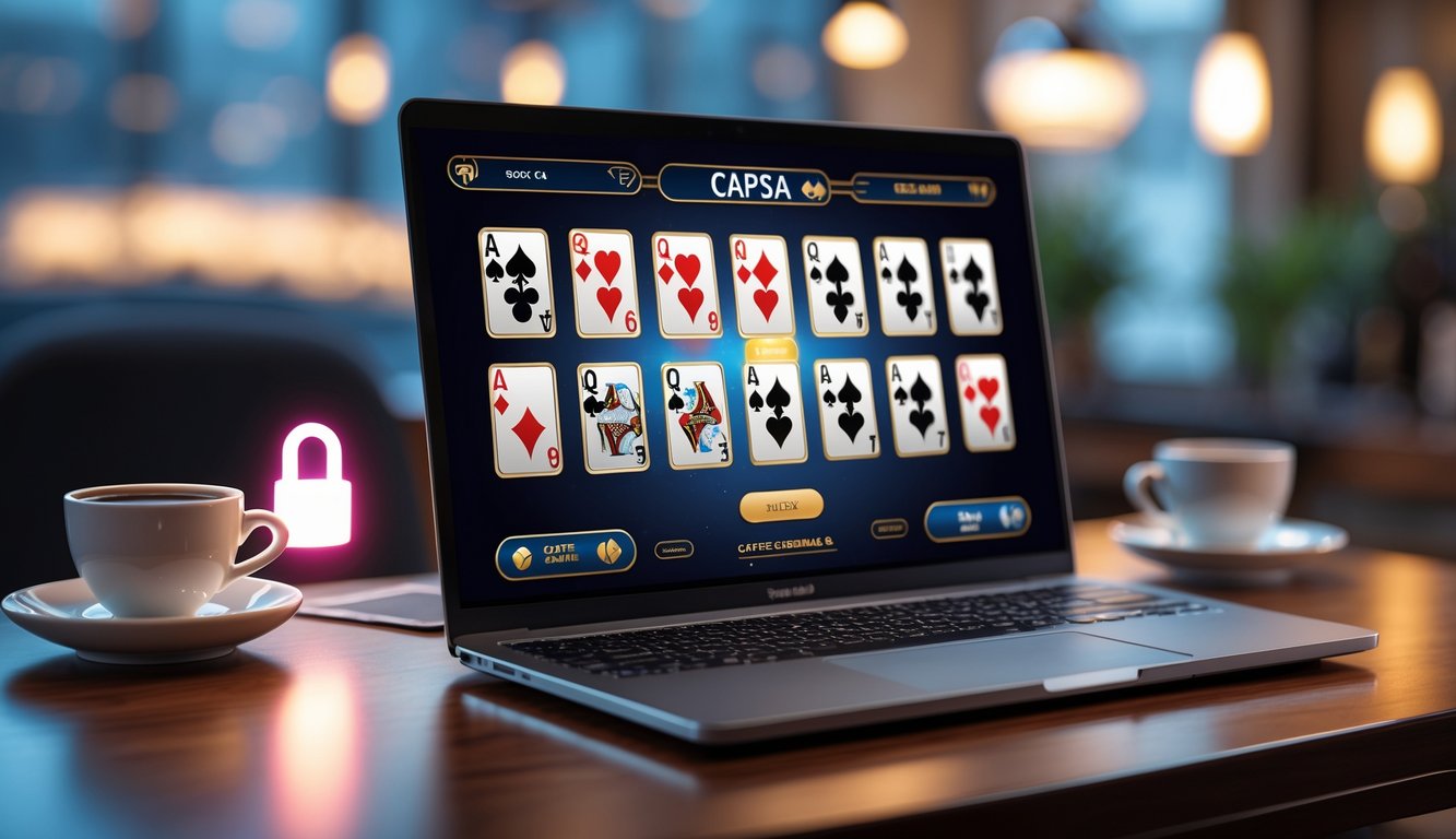 Sebuah meja dengan komputer menampilkan permainan kartu Capsa secara digital, dengan suasana yang hangat dan profesional.