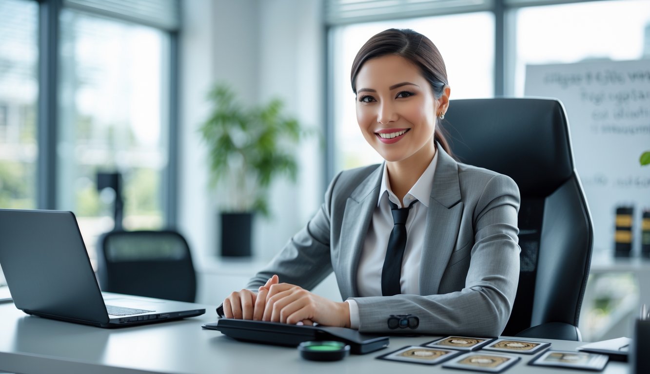 Seorang agen profesional tersenyum duduk di meja kantor modern dengan laptop dan elemen permainan kartu di latar belakang.