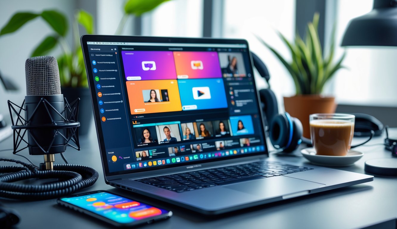 Ruang kerja digital modern dengan laptop yang menampilkan antarmuka streaming langsung dan perangkat teknologi di sekitarnya.