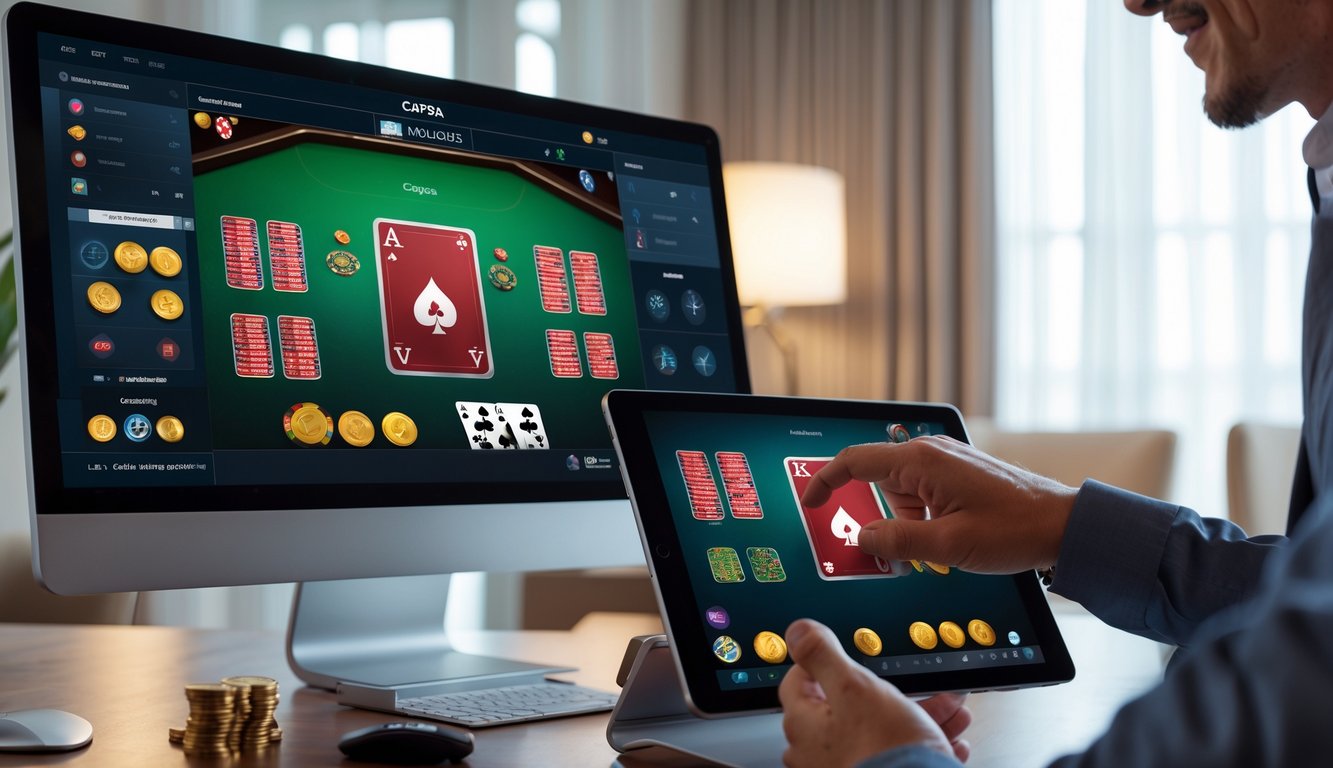 Seseorang sedang bermain permainan kartu Capsa secara online menggunakan tablet dan komputer di meja kerja yang rapi dan terang.