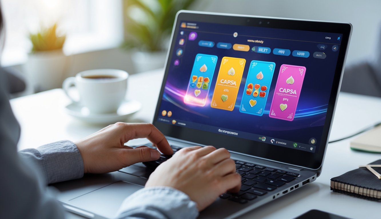 Seseorang sedang bermain Capsa online di laptop di ruang kerja yang terang dan rapi.