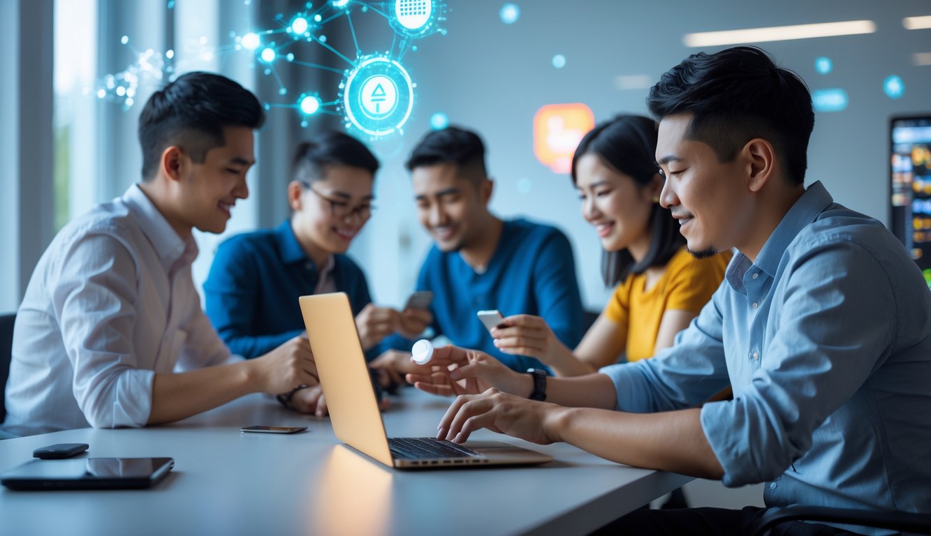 Beberapa orang sedang bermain permainan kartu online di perangkat digital dalam ruangan yang terang dan nyaman.