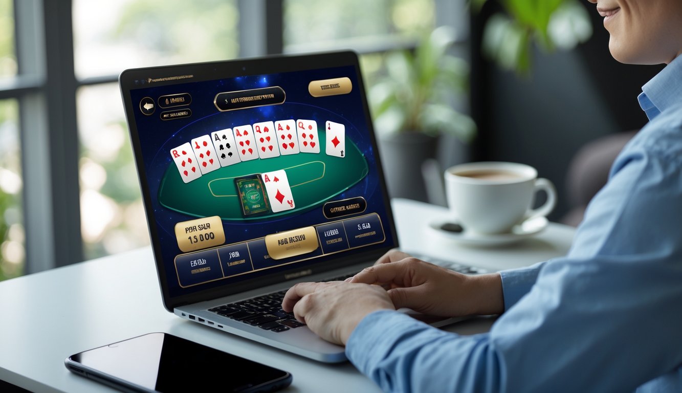 Seorang pria duduk di depan laptop yang menampilkan permainan kartu online, di meja dengan suasana kerja yang rapi dan nyaman.