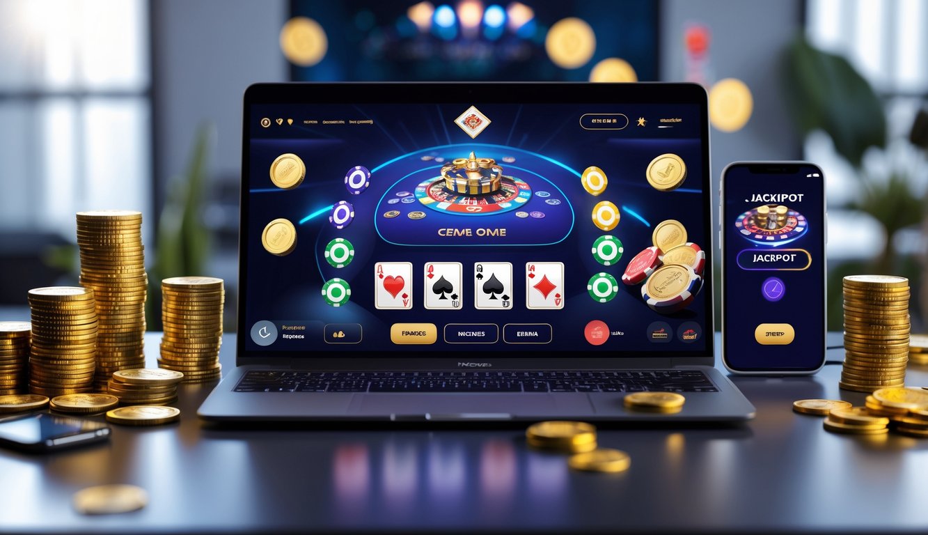 Seorang pria menggunakan laptop dengan permainan kartu online di layar, di meja terdapat tumpukan chip poker dan koin emas.