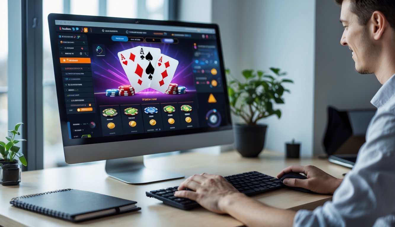 Sebuah meja kerja modern dengan komputer yang menampilkan permainan kartu online secara langsung, tangan seseorang sedang menggunakan mouse dan keyboard.