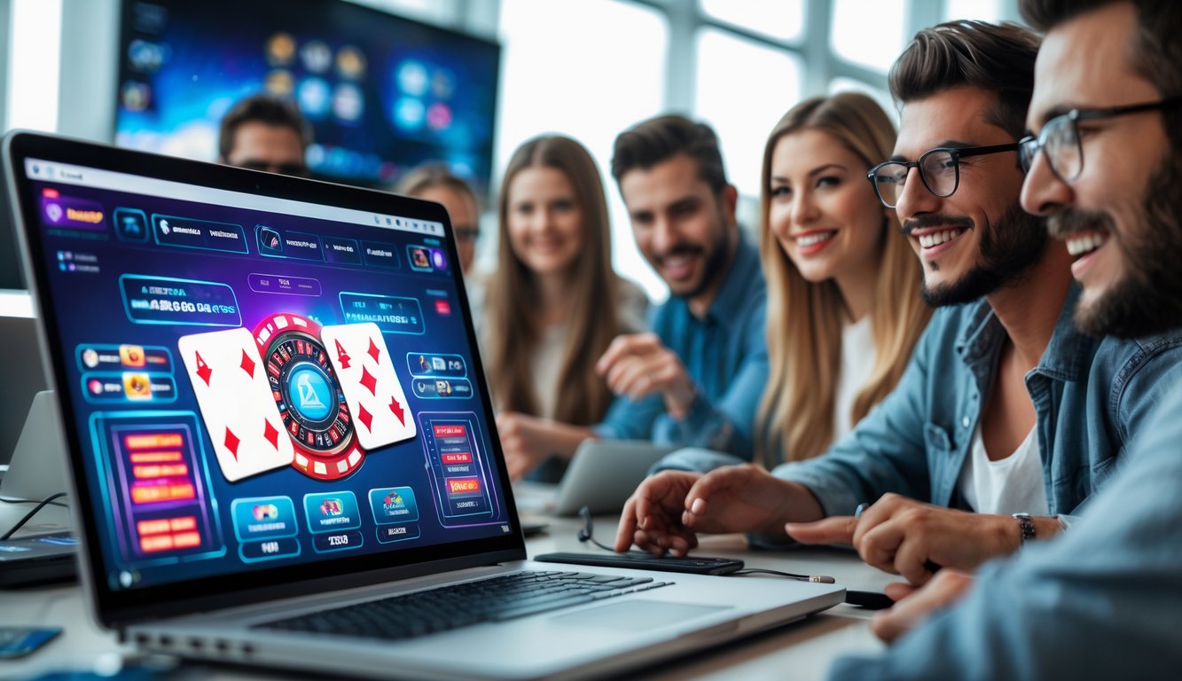 Beberapa orang muda sedang bermain permainan kartu online di laptop di ruang kerja modern.