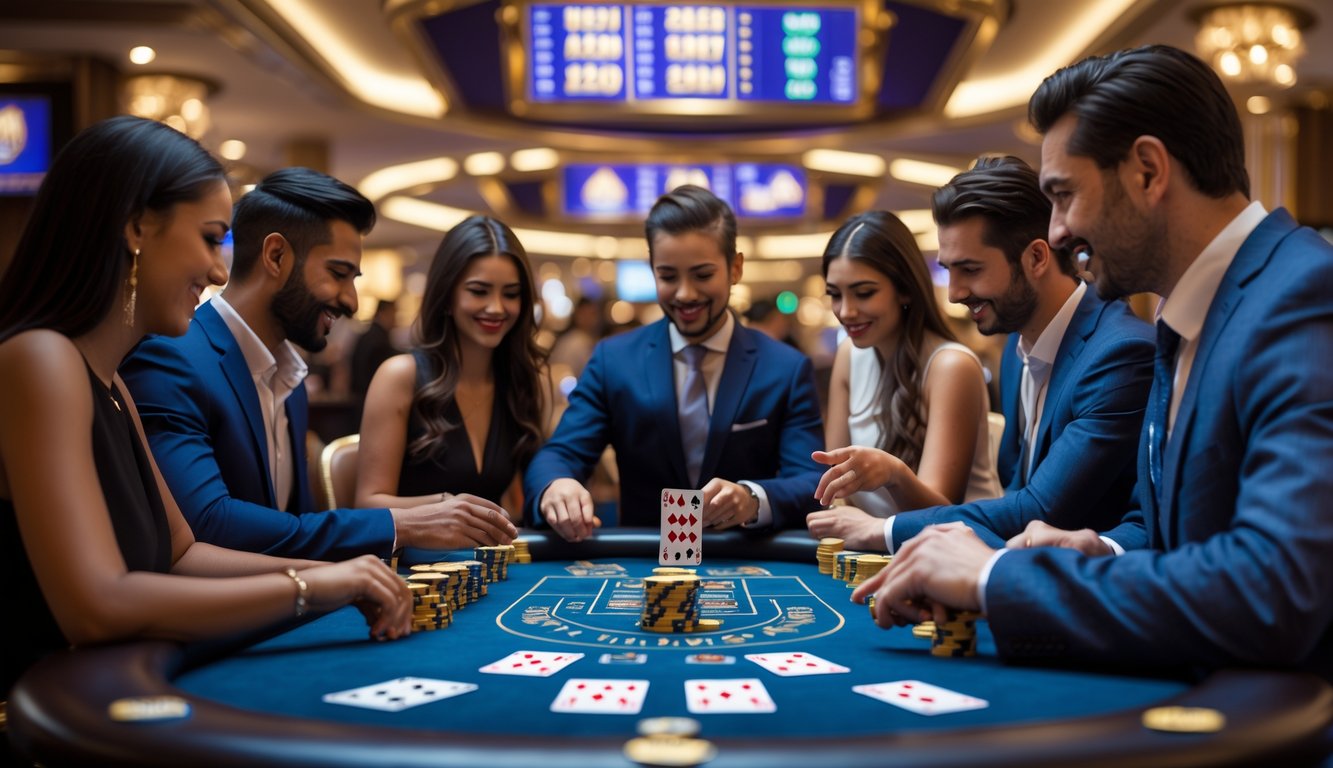 Sekelompok orang bermain kartu Capsa di meja kasino dengan suasana jackpot yang menarik dan profesional.