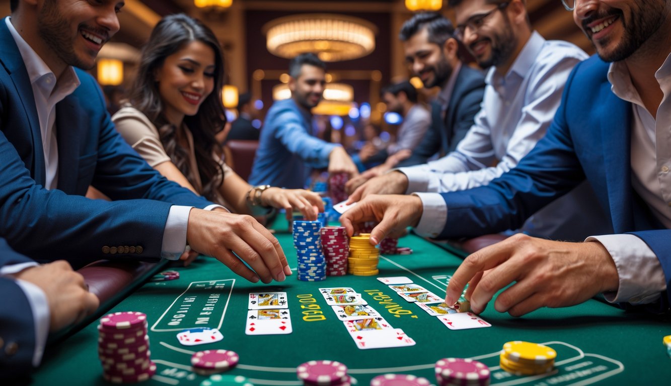 Beberapa orang sedang bermain Capsa Jackpot di meja kasino dengan kartu dan chip taruhan.