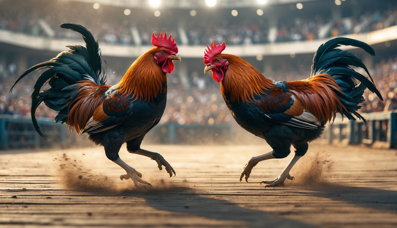 Dua ayam aduan sedang bertarung di arena dengan penonton di latar belakang.