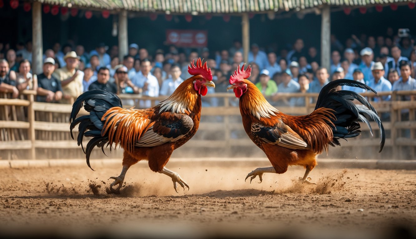 Dua ayam jago sedang bertarung di arena melingkar dengan penonton yang memperhatikan dengan serius di sekelilingnya.
