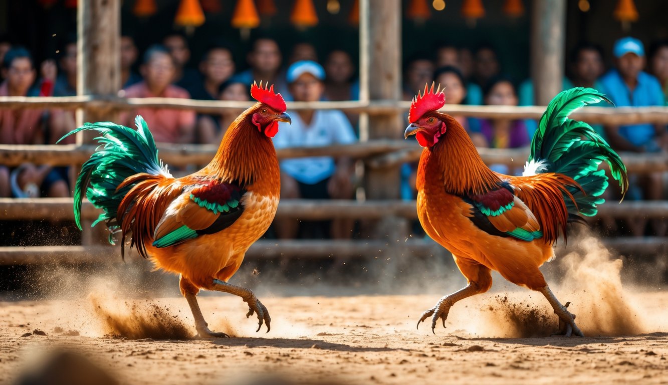 Dua ayam jago sedang bertarung di arena luar ruangan dengan penonton di latar belakang.