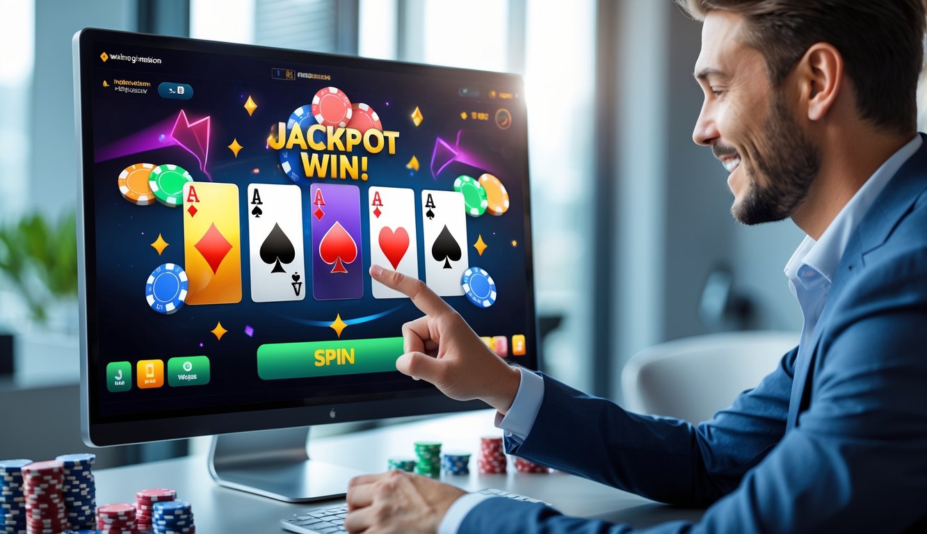 Seseorang sedang menggunakan komputer dengan tampilan permainan kartu digital yang menunjukkan kemenangan jackpot di sebuah kantor modern.