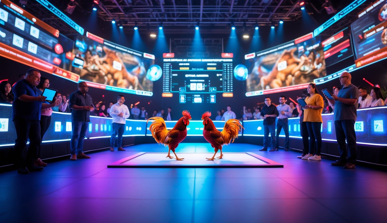 Arena sabung ayam modern dengan dua ayam di tengah ring digital dan penonton yang menggunakan perangkat elektronik untuk berinteraksi.