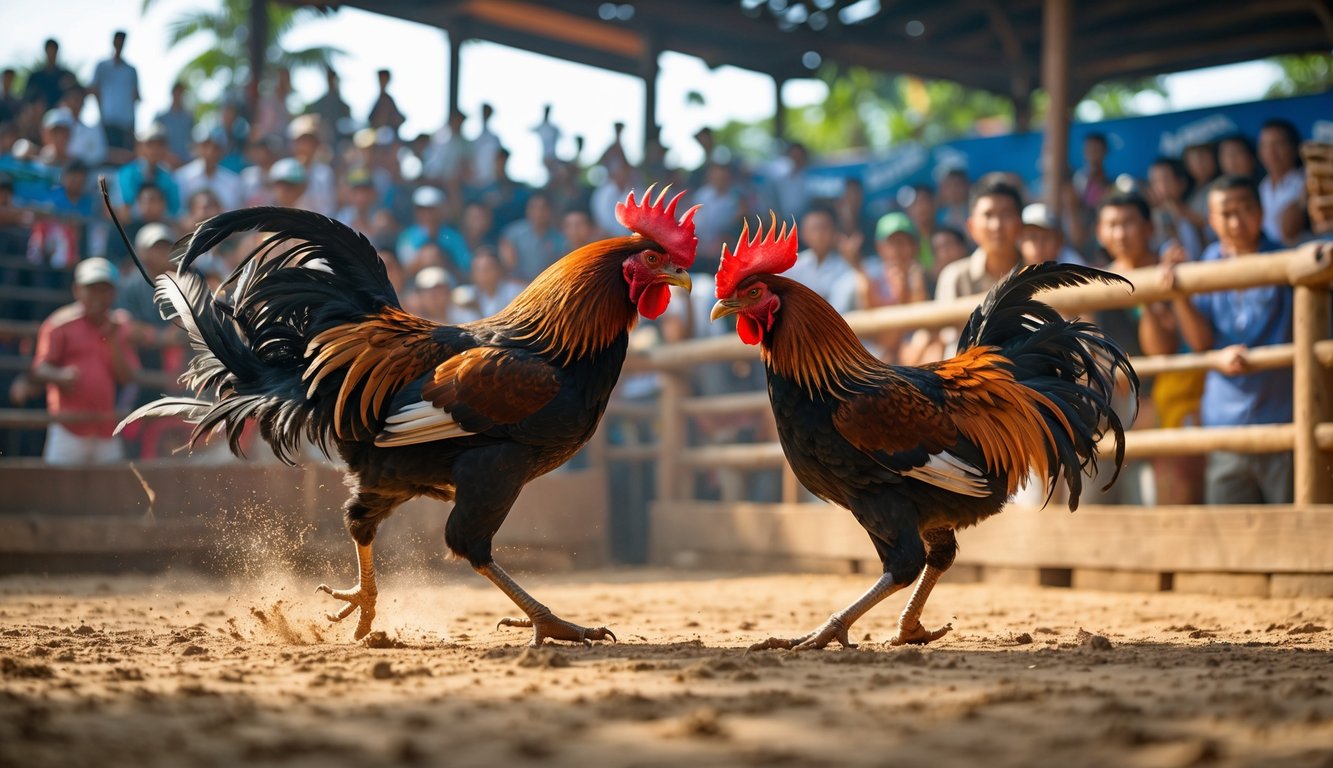 Dua ayam jago sedang bertarung di arena dengan penonton yang antusias menyaksikan pertandingan.