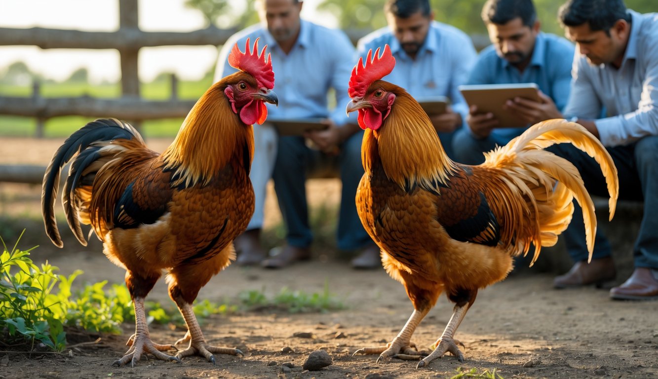 Dua ayam jago sedang diamati oleh beberapa pria yang mencatat dan menggunakan tablet di arena luar ruangan.