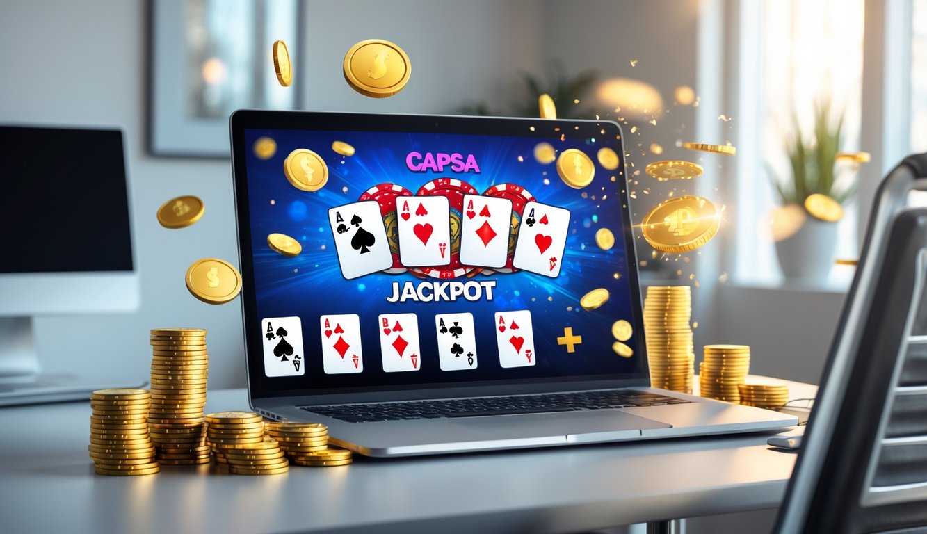 Seorang pemain menggunakan komputer untuk bermain Capsa online dengan koin emas dan chip poker di sekitar layar.