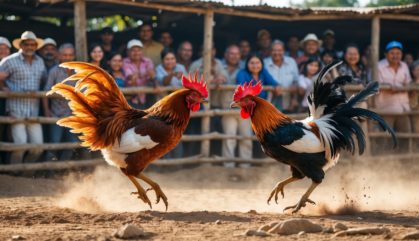 Dua ayam jago bertarung di arena terbuka dengan kerumunan penonton yang memperhatikan dengan antusias.