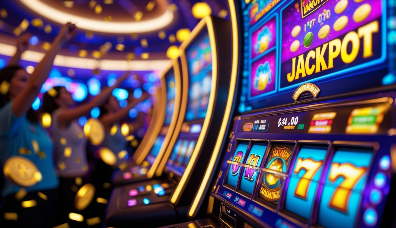 Orang-orang merayakan kemenangan jackpot besar di mesin slot digital dengan koin emas dan lampu berwarna-warni.