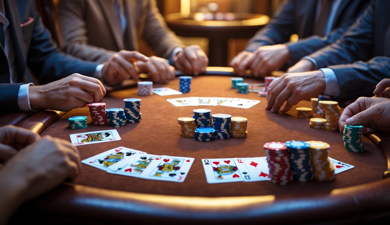 Meja permainan Capsa Jackpot dengan kartu dan tumpukan chip poker, tangan pemain terlihat sedang bermain.