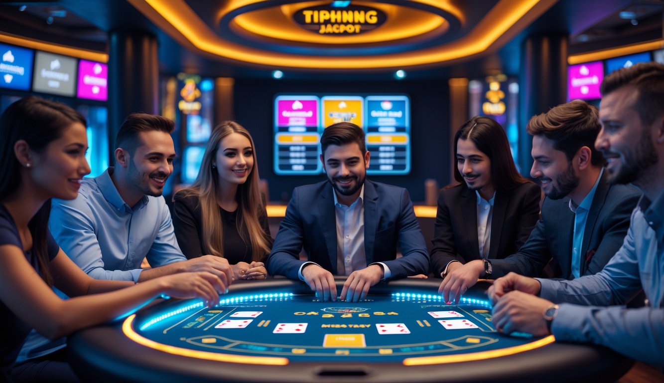 Sekelompok orang sedang bertaruh secara langsung pada permainan Capsa Jackpot di meja digital dengan layar warna-warni, dalam suasana lounge permainan modern.