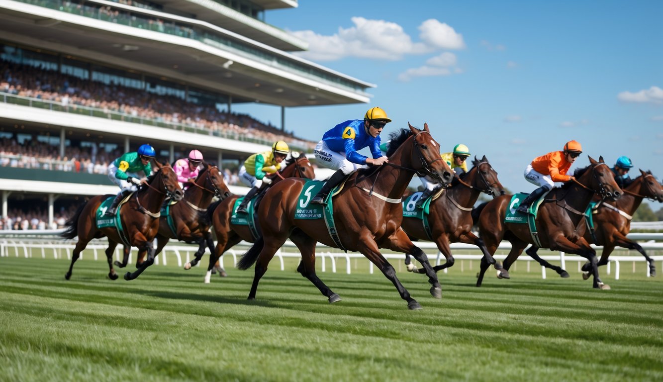 Adegan balap kuda dengan beberapa kuda berlari cepat dan joki mengenakan pakaian warna-warni di lintasan balap dengan penonton di latar belakang.