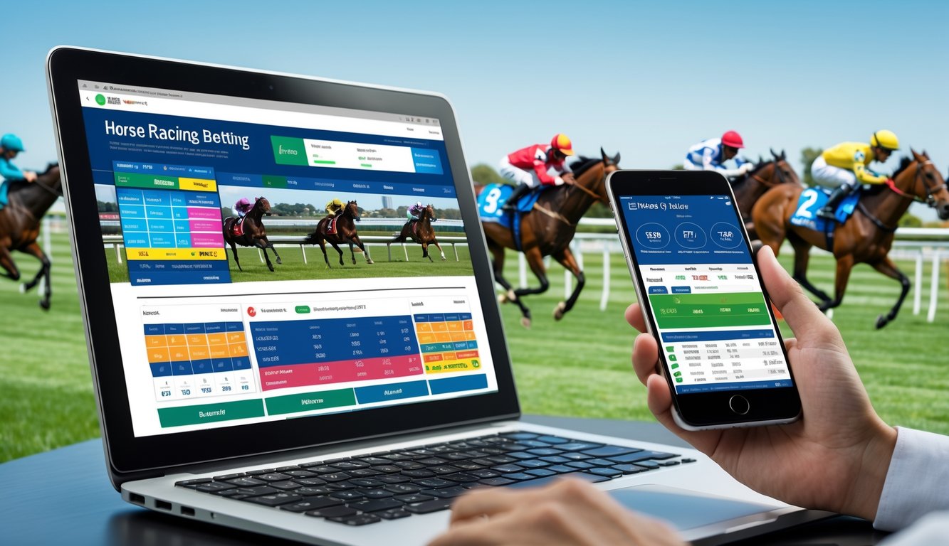 Seseorang menggunakan ponsel dan laptop untuk memasang taruhan balap kuda online dengan latar belakang kuda-kuda balap yang sedang berlari di lintasan.