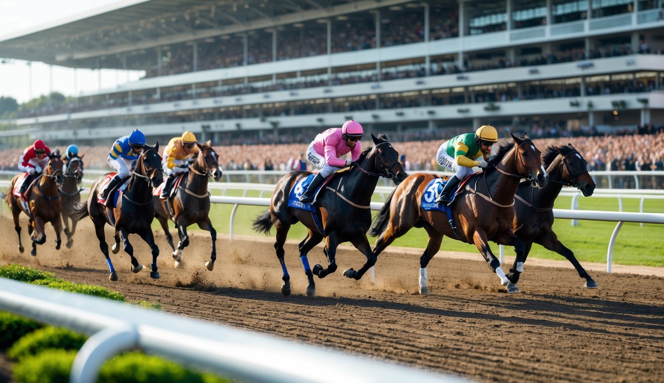 Beberapa kuda pacuan berlari cepat di lintasan dengan joki memakai pakaian warna-warni, di latar belakang tampak tribun penuh penonton.