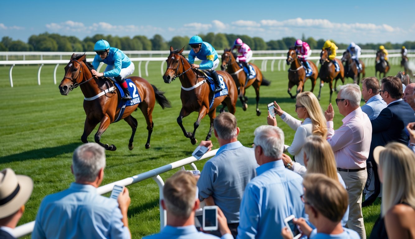 Beberapa kuda pacu sedang berlari di lintasan dengan penonton yang antusias memperhatikan dan memasang taruhan.