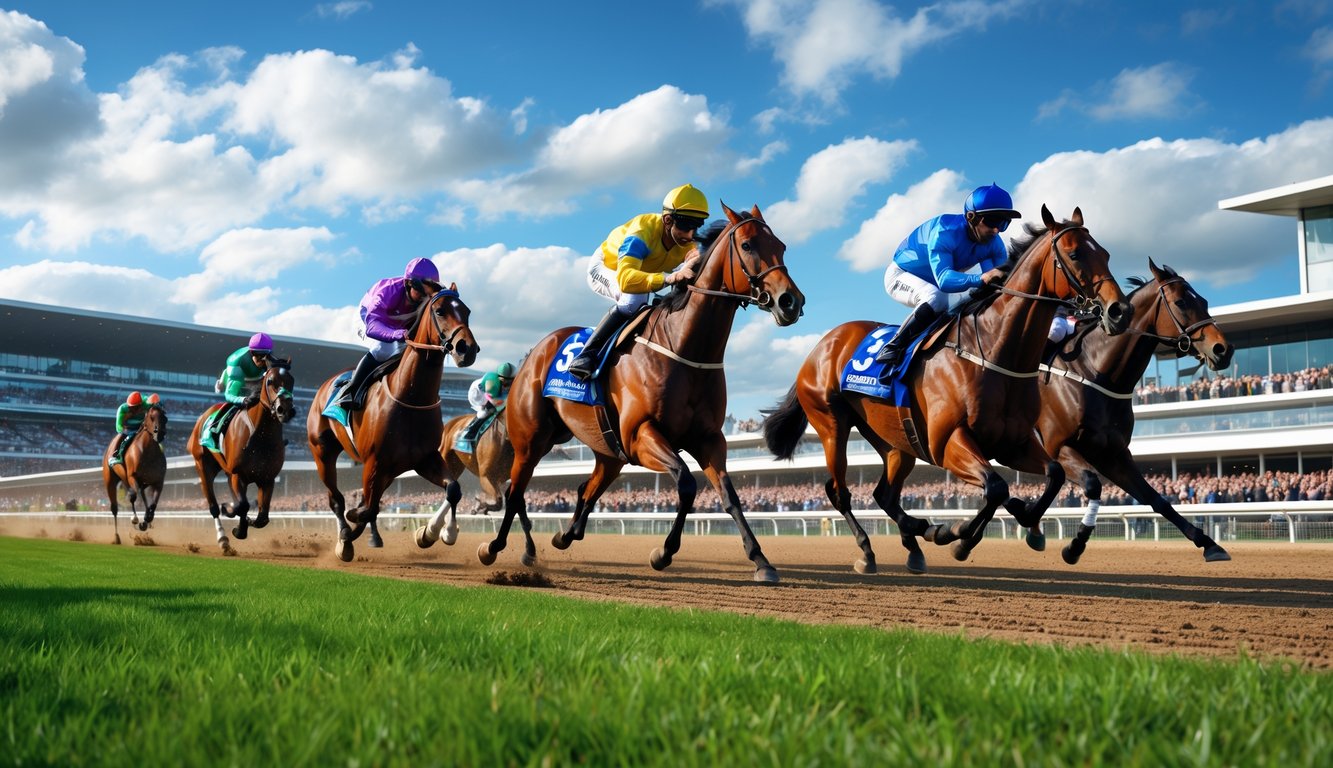 Beberapa kuda pacu berlari cepat di lintasan balap dengan joki mengenakan pakaian warna-warni dan penonton di tribun belakang.