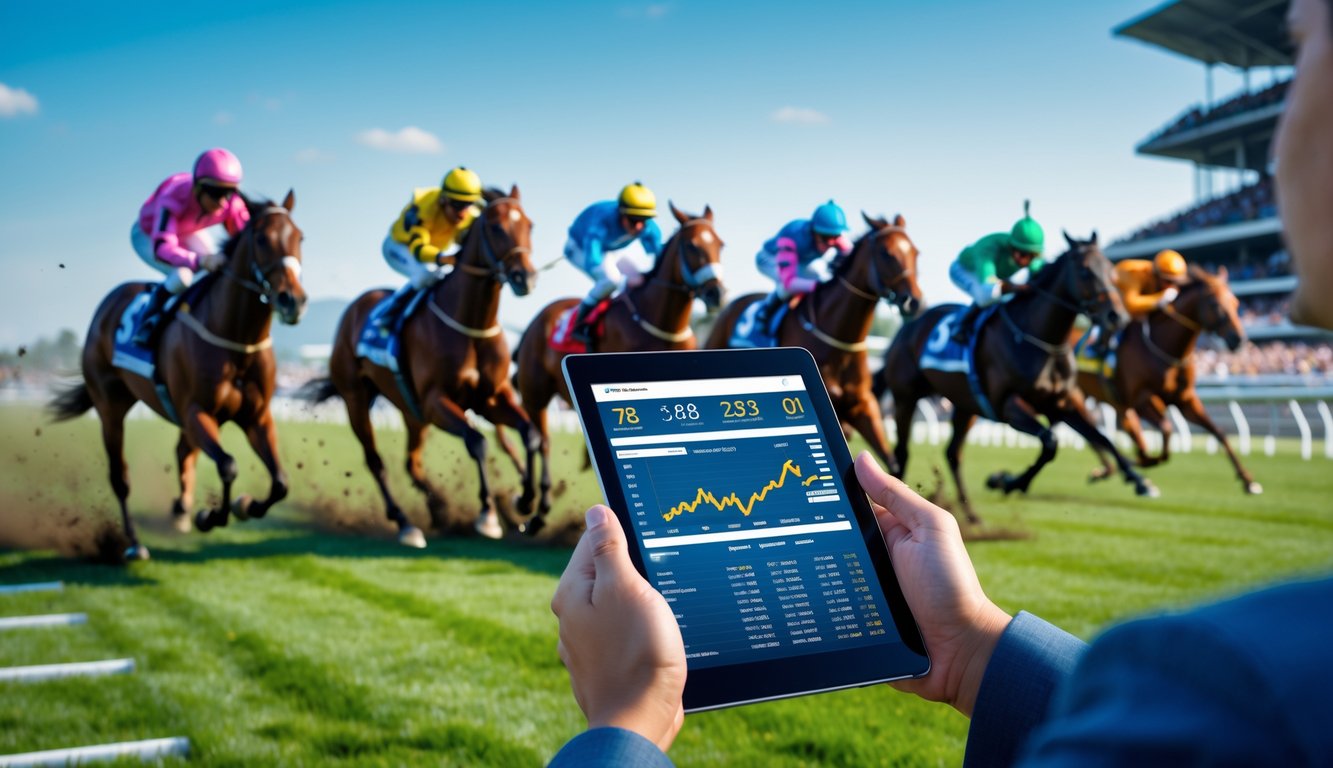 Balap kuda sedang berlangsung di trek hijau dengan joki yang mengendalikan kuda, dan seseorang memegang tablet untuk melihat data balapan.