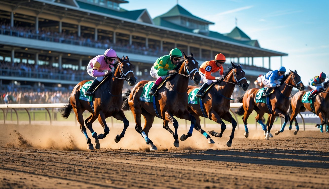 Balapan kuda dengan joki yang sedang berlomba di lintasan dengan penonton di latar belakang.