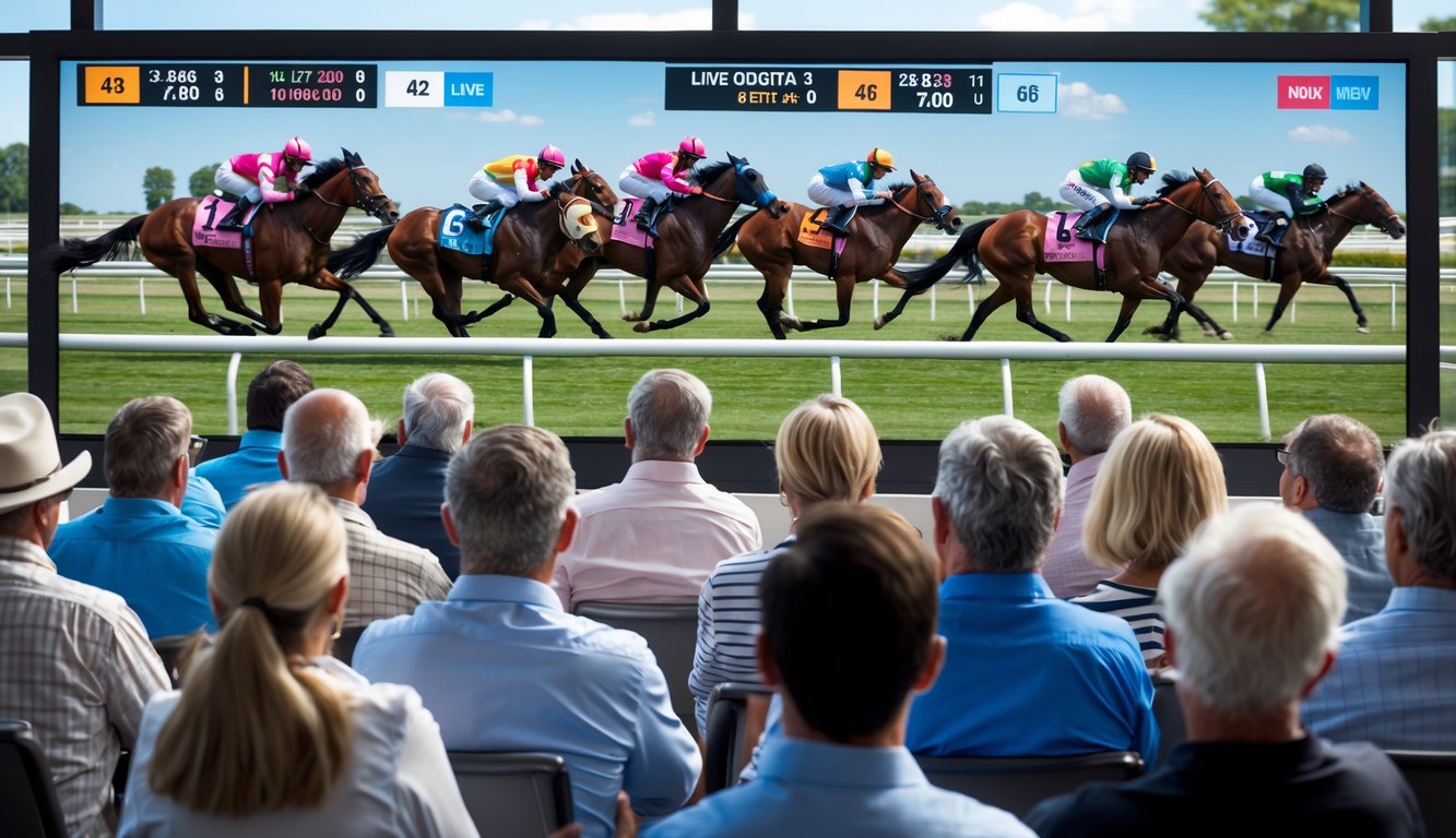 Orang-orang sedang menonton balapan kuda secara langsung sambil memasang taruhan di arena balap kuda.