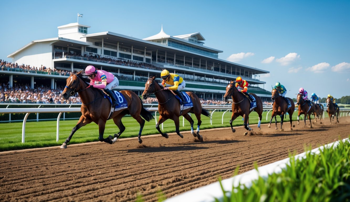 Lomba pacuan kuda resmi dengan kuda berlari cepat di lintasan dan penonton di tribun.