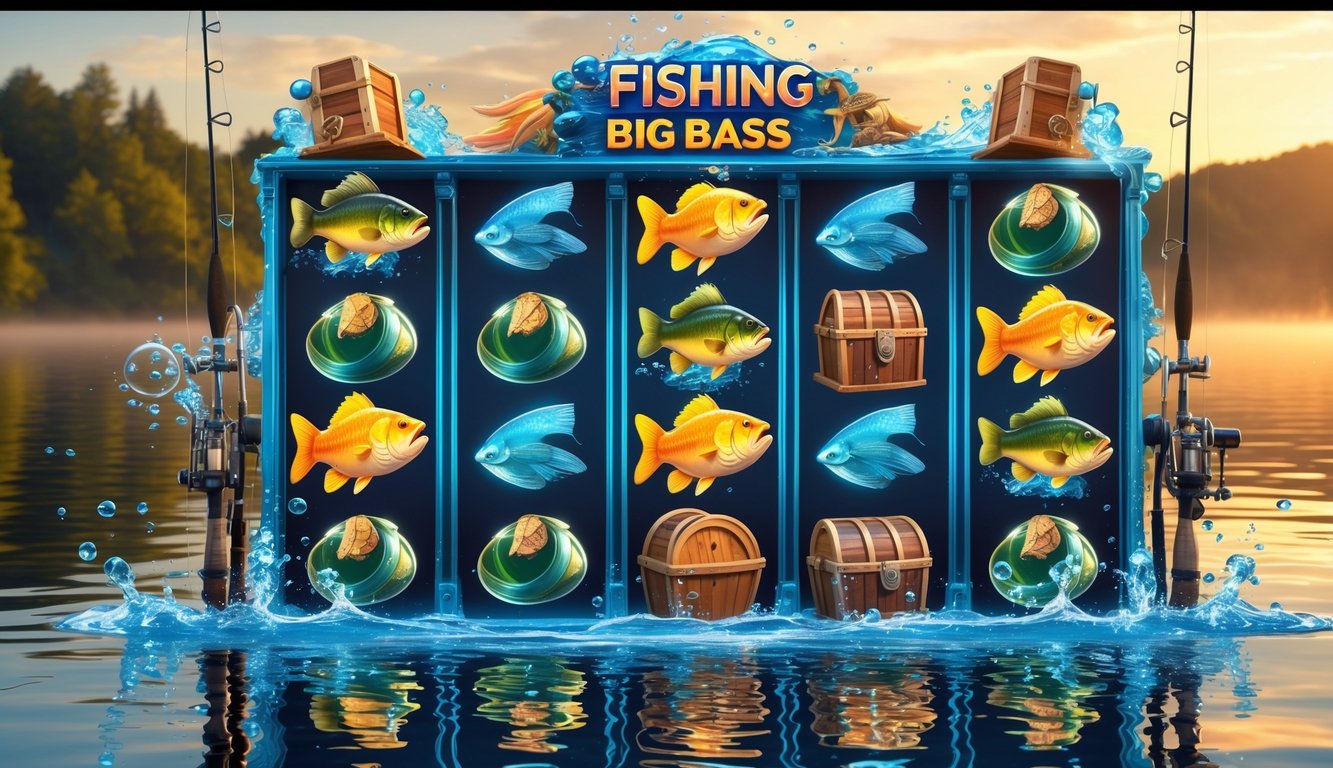 Tampilan mesin slot online bertema memancing dengan ikan bass besar dan latar danau saat matahari terbit.