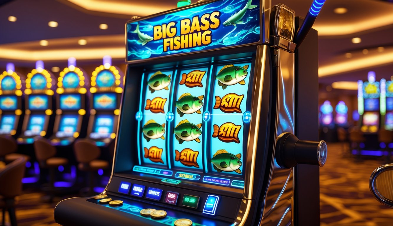 Mesin slot bertema memancing ikan bass besar dengan lampu warna-warni di dalam kasino yang ramai.