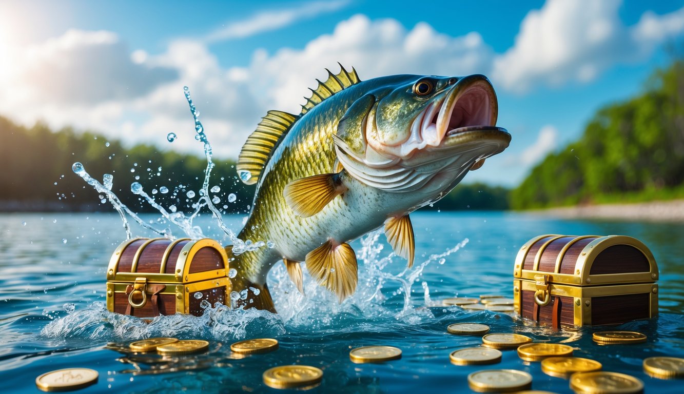 Ikan bass besar melompat dari air dengan koin emas dan peti harta di sekitar, latar belakang danau dengan pohon hijau dan langit cerah.