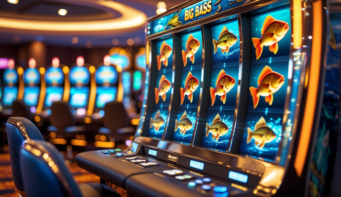Mesin slot dengan tema memancing ikan bass besar di dalam kasino yang modern.
